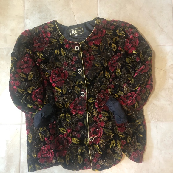 R&K Vintage Red Rose/Yellow Gold/Black Crushed Velvet Evening Blazer (US L) - Picture 5 of 7